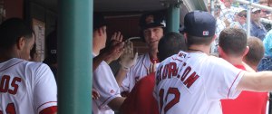 Nate Freiman in Portland dugout after home run